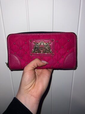 Vintage Juicy Couture Quilted Hot Pink Zip-Around Wallet with Gold Crest